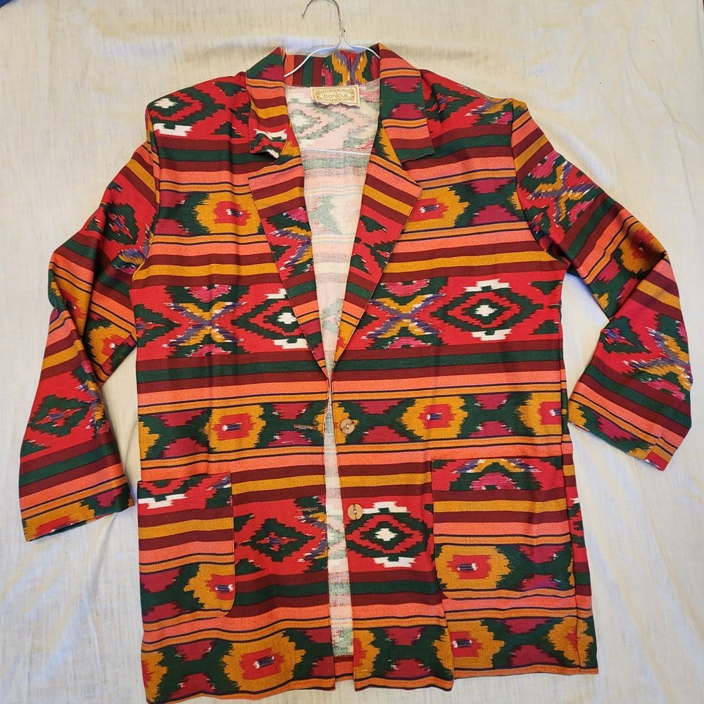 Vintage Bonjour Southwestern Ikat Print Cotton Blazer Jacket Red Orange Medium